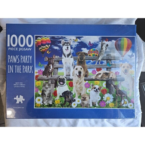Paws Party in the park, NEW! 1000 PC JigSaw Puzzle, Dogs ,Cats Puppies 27x20 - Picture 1 of 2